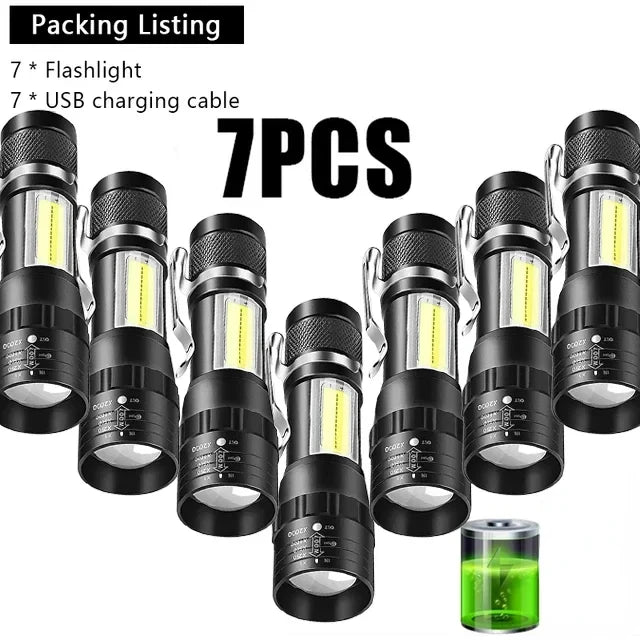 KDULIT Mini Portable Flashlight COB+XPE Zoomable Torch USB Rechargeable Outdoor Camping Fishing Long Range Emergency Lantern Oasis Select 7pcs