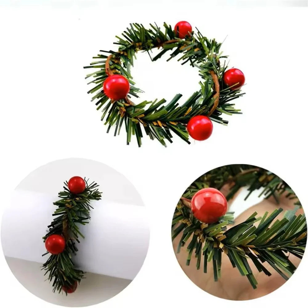 6-Pack Red Fruit Pine Needle Napkin Rings | Holiday Table Decor