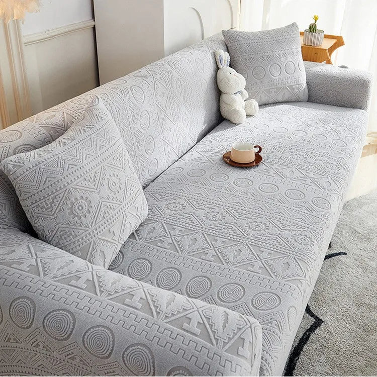 Bohemian Jacquard Velvet Sofa Cover for Autumn and Winter Thickened Plush, High-end Feel Cat Scratch-resistant Sofa Cover Oasis Select 5 people 305-360cm Light gray 1