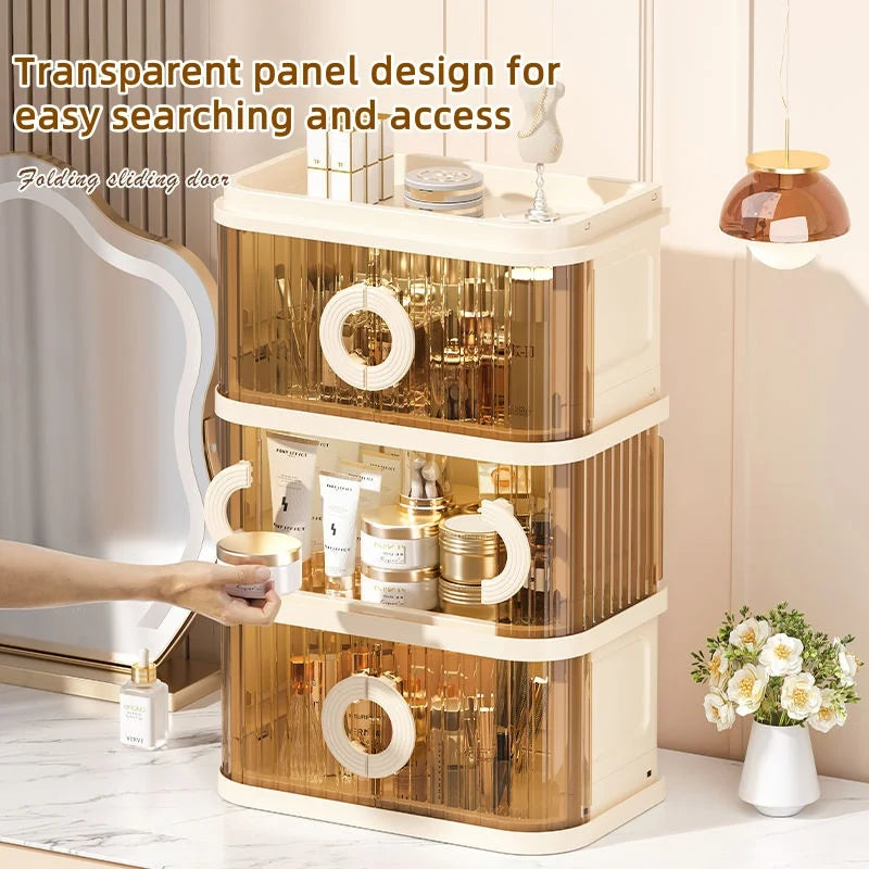 Foldable Makeup Organizer - No Assembly Rolling Cart with Sliding Doors, Large Capacity Space-Saver for Home Storage Oasis Select