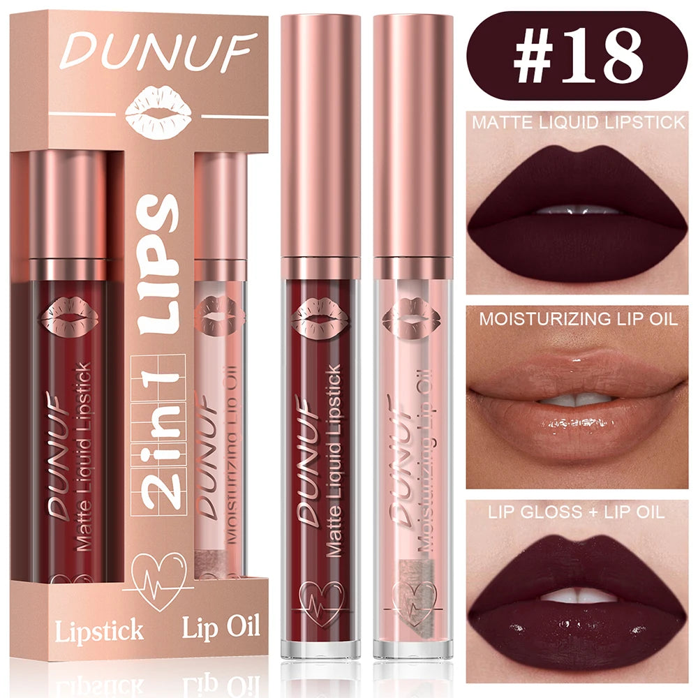 DUNUF Lip Gloss And Lip Oil Set 2-Piece Long-Lasting Waterproof Matte Moisturizing Non-Fading Lipstick Collection Oasis Select 19