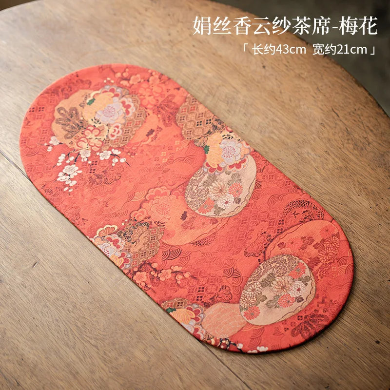 Double-sided Silk Fragrant Cloud Yarn Tea Mat Chinese Style Tea Table Heat Insulation Waterproof Mat Chinese Zen Dry Foam Mat Oasis Select Mat - Plum Blossom
