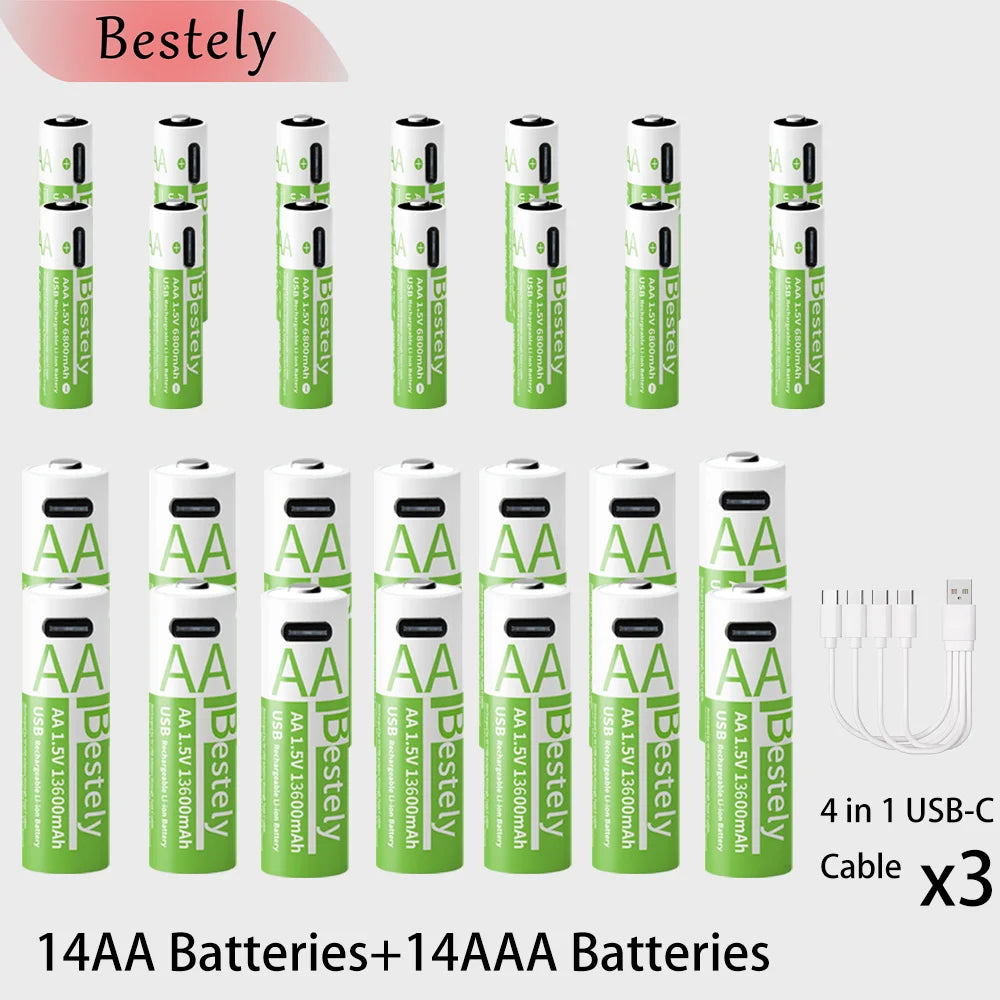 New1.5V AA 13600mAh + AAA 6800mAh Rechargeable Lithium Battery,USB-C Charge, 2000 Cycles，Low Self-Discharge Battery Oasis Select 28PCS 1.5V
