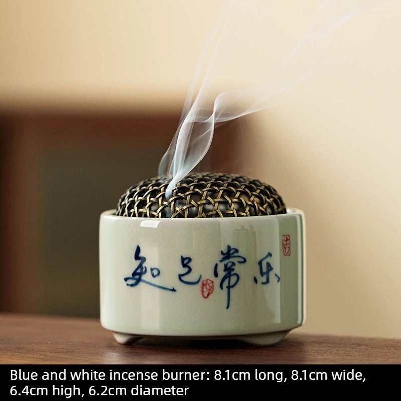 1pcs Retro Chinese Incense Burner Blue White Porcelain with Hand-painted Landscape Indoor Desktop Aroma Ornament for Home Use Oasis Select Be content and happy