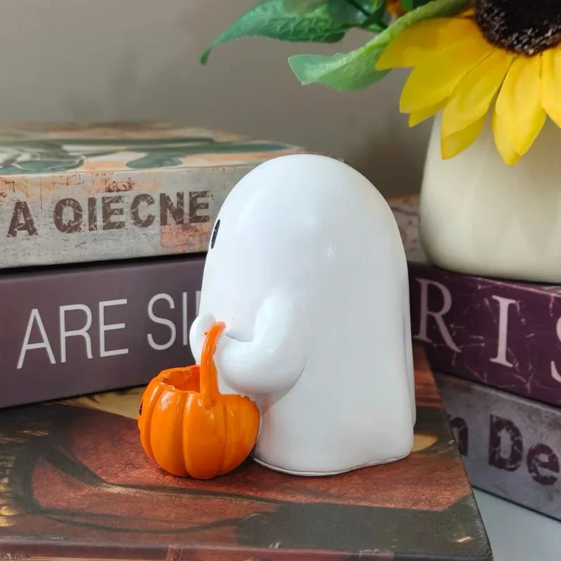 Indoor Outdoor Cute Ghost Statue Holding Pumpkin Statue Resin Halloween Home Decorations for Living Room Bedroom Garden Oasis Select