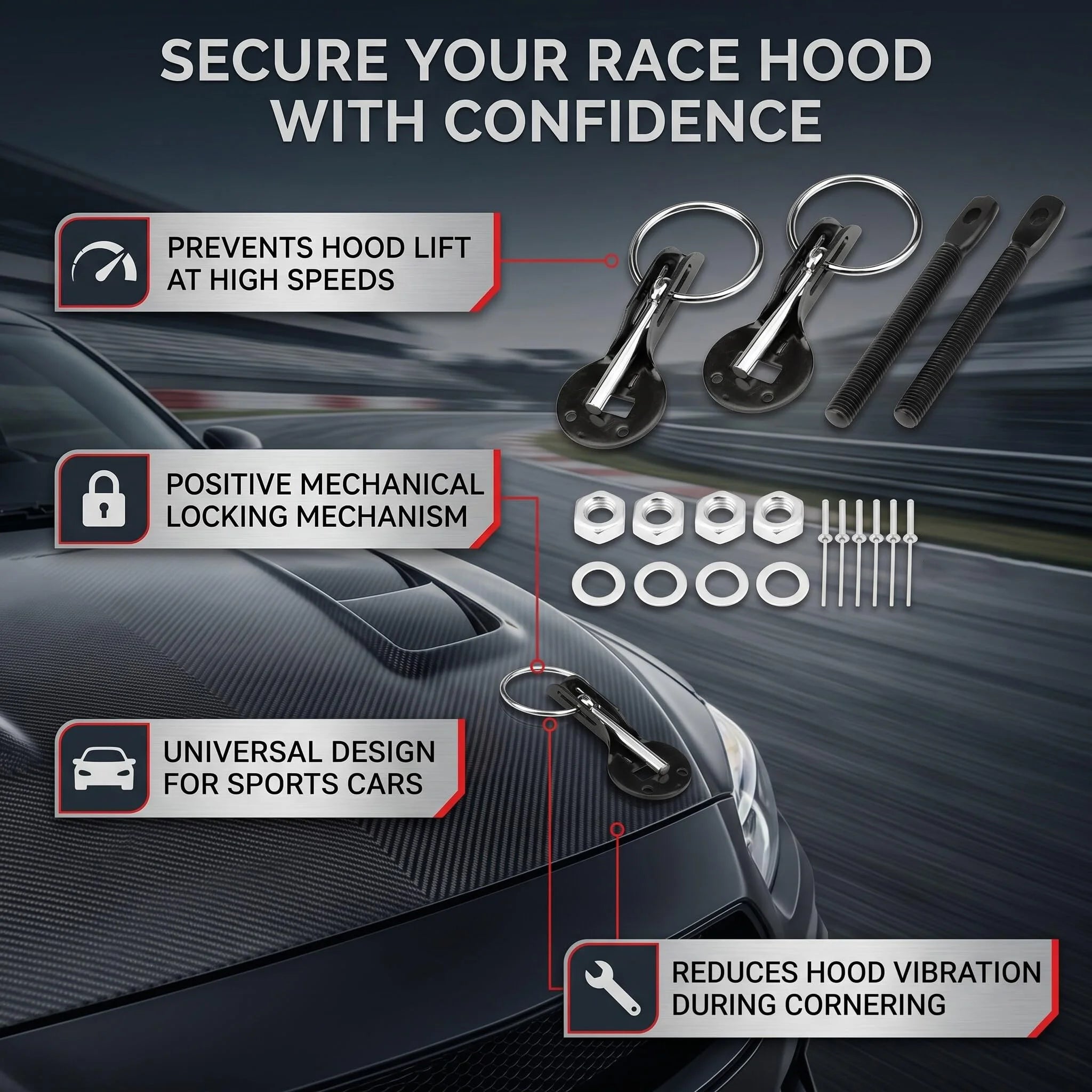 Aluminum Racing Hood Pin Lock Kit – Universal Bonnet Latch