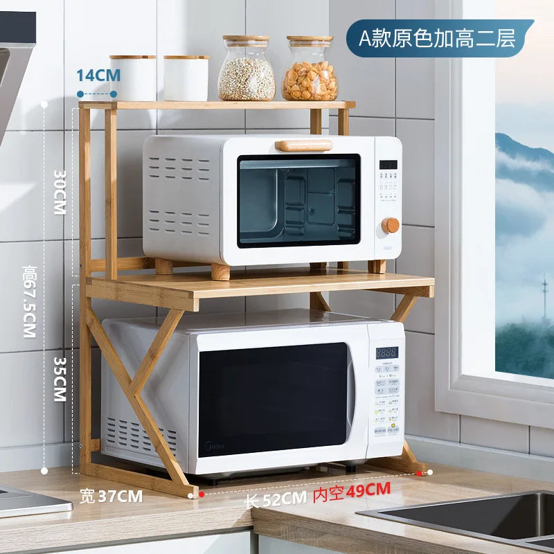 Kitchen Shelf Countertop Double Microwave Shelf Desktop Seasoning Oven Storage Rack Bamboo Solid Wood Oasis Select A second-layer
