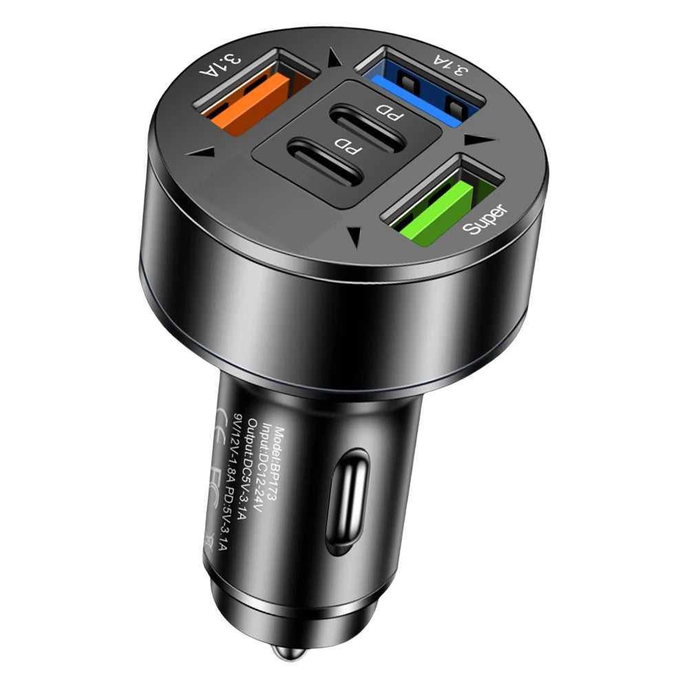 100W 5-Port Car Charger PD QC3.0 USB-C Fast Charging Car Charger Adapter Oasis Select