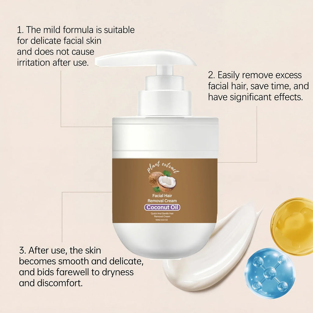 Coconut Oil Hair Removal Cream Face Fast Hair Remover Painless Nourishing Smooth Skin Gentle Formula Non Greasy Dry Skin 100g Oasis Select