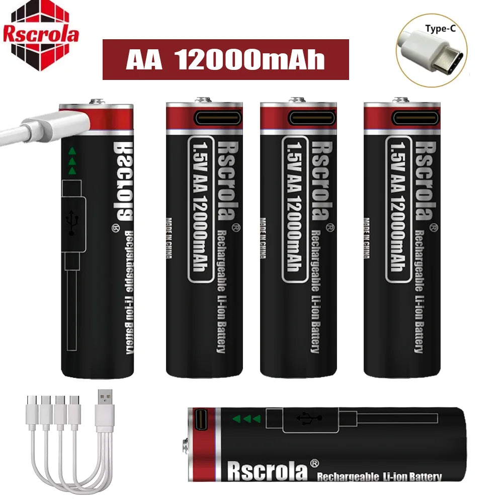 1.5V AA Lithium Battery Rechargeable 12000mAh USB-C Fast Charging, Constant Voltage for Smart Lock, Game Controller, Keyboard Oasis Select