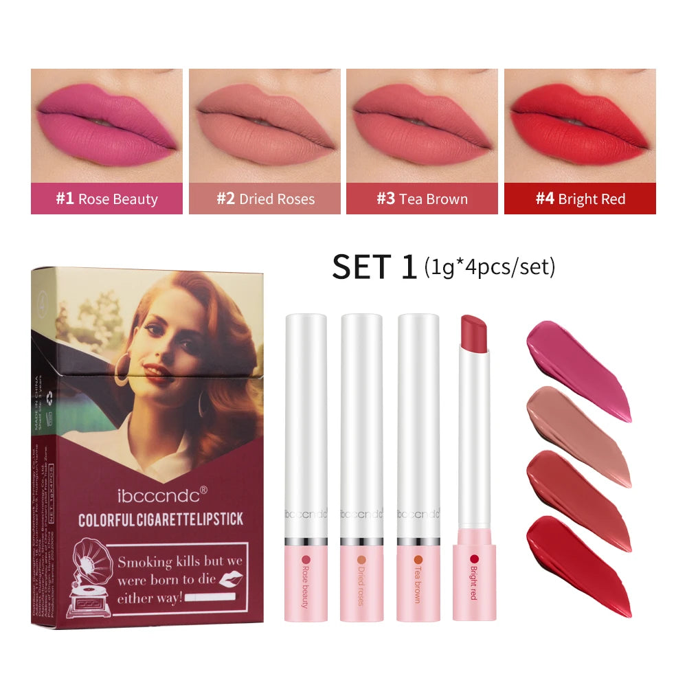 4 pcs/set Cigarette Lipstick Set Long Lasting Lip Glaze Matte Lip Gloss Waterproof Lip Stick Tube Nude Lip Tint Makeup Cosmetics Oasis Select 4colors 2