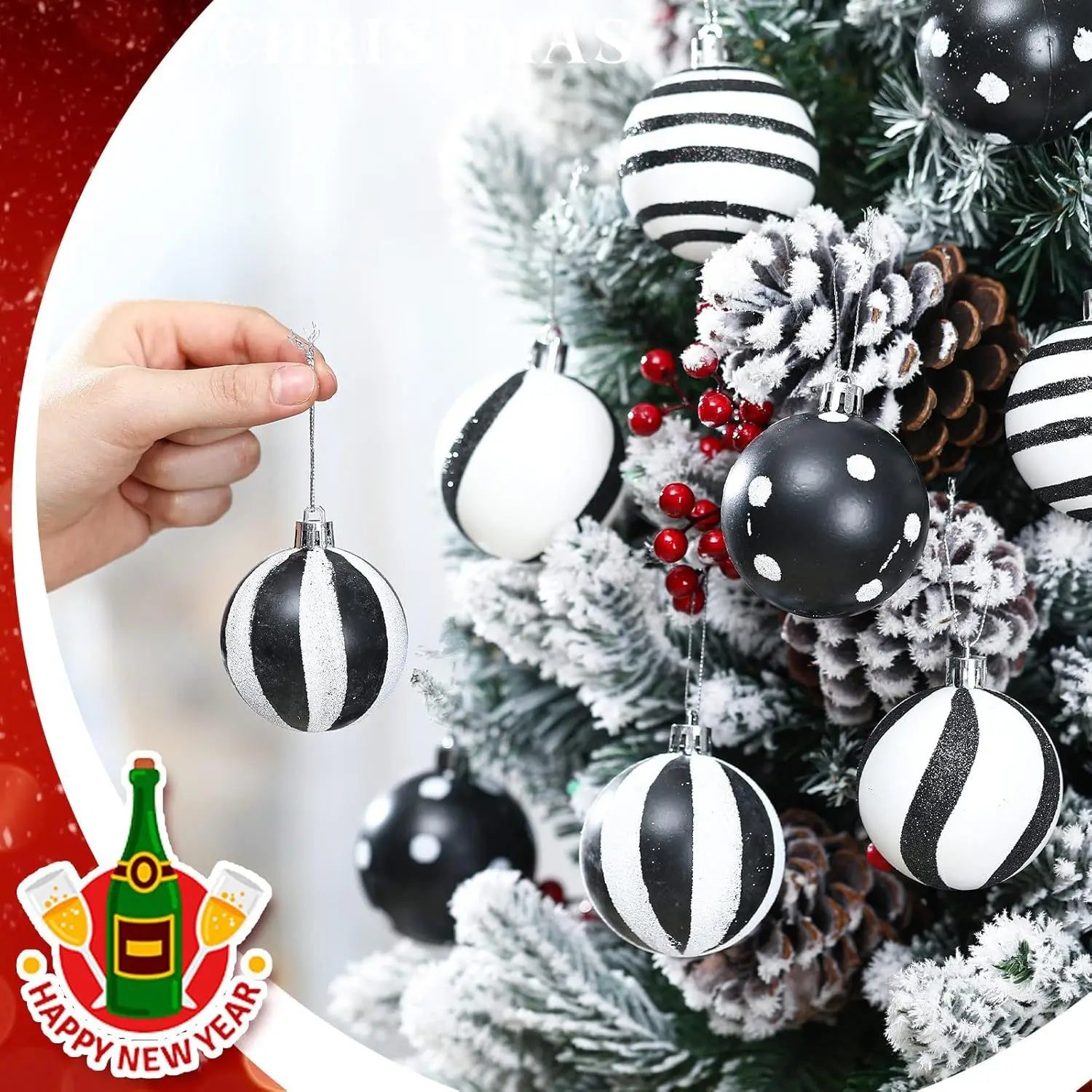 24 Christmas Black And White Ball Party Tree Decorations Plastic Painted Ornaments 6cm Striped Dot Hanging Balls Oasis Select