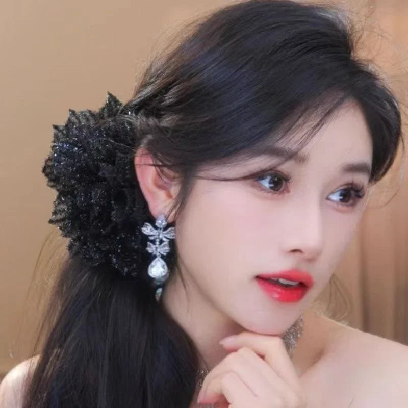 Fashion Black Mesh Flower Hair Clip For Women Shark Ponytail Claw Headdress Temperament Hair Accessories Oasis Select