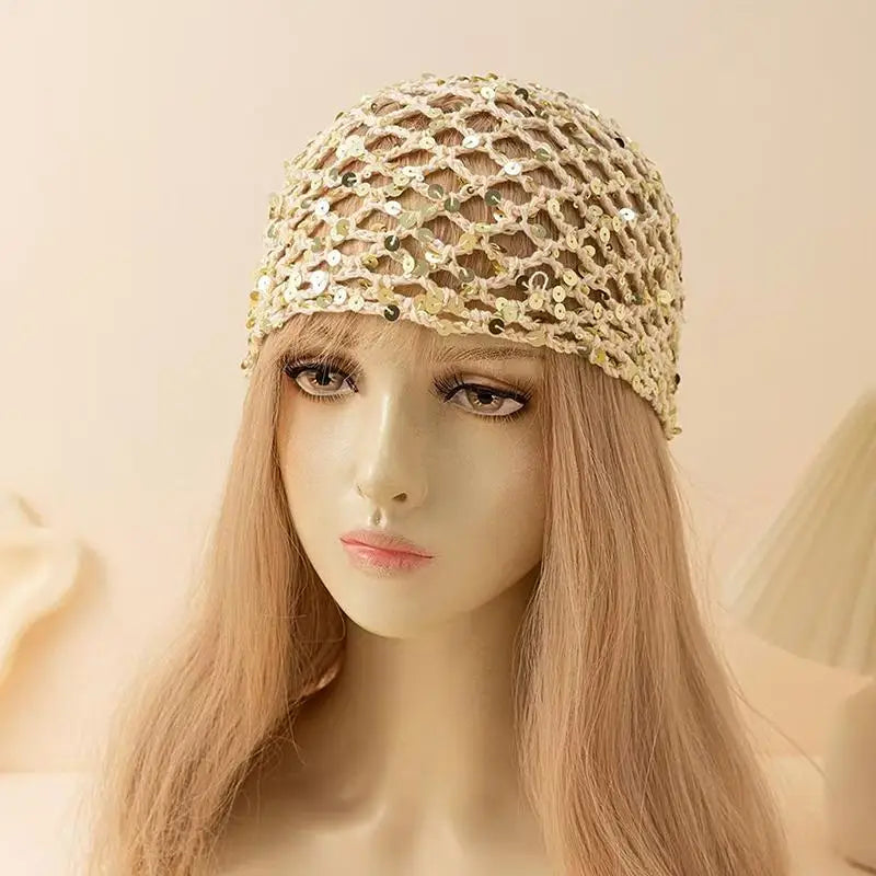 Y2K Sparkly Sequin Knit Beanie Hat – Sheer Hollow Party Cap