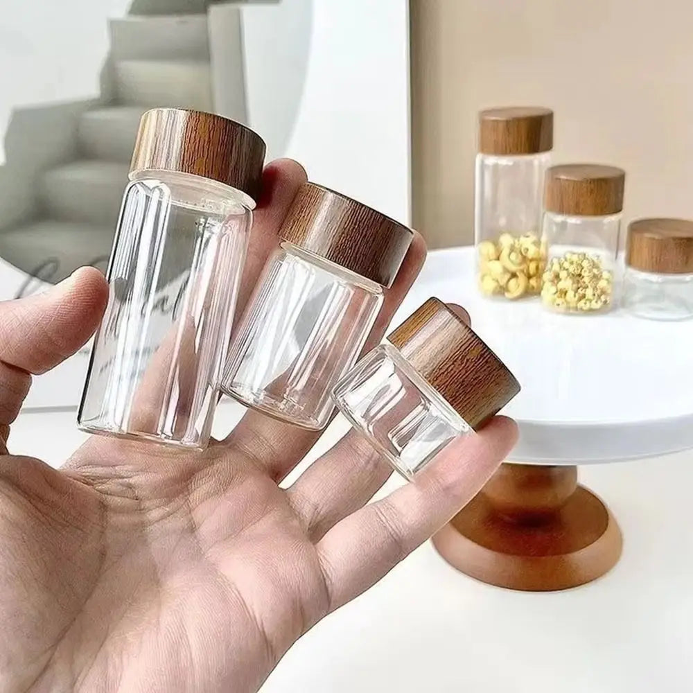 6PCS 10/20/30 ML Wooden Lid Mini Glass Bottles Transparent Sealed Small Spice Jars Food Grade Golden Bean Bottle Oasis Select