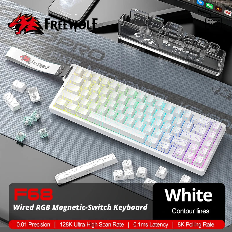 FREEWOLF F68 Magnetic Gaming Wired Keyboard Mechanical 0.01mm Rapid Trigg 8000Hz SOCD/RS 0.1ms 128K Rate for Pro Gaming Oasis Select White-Contour Line