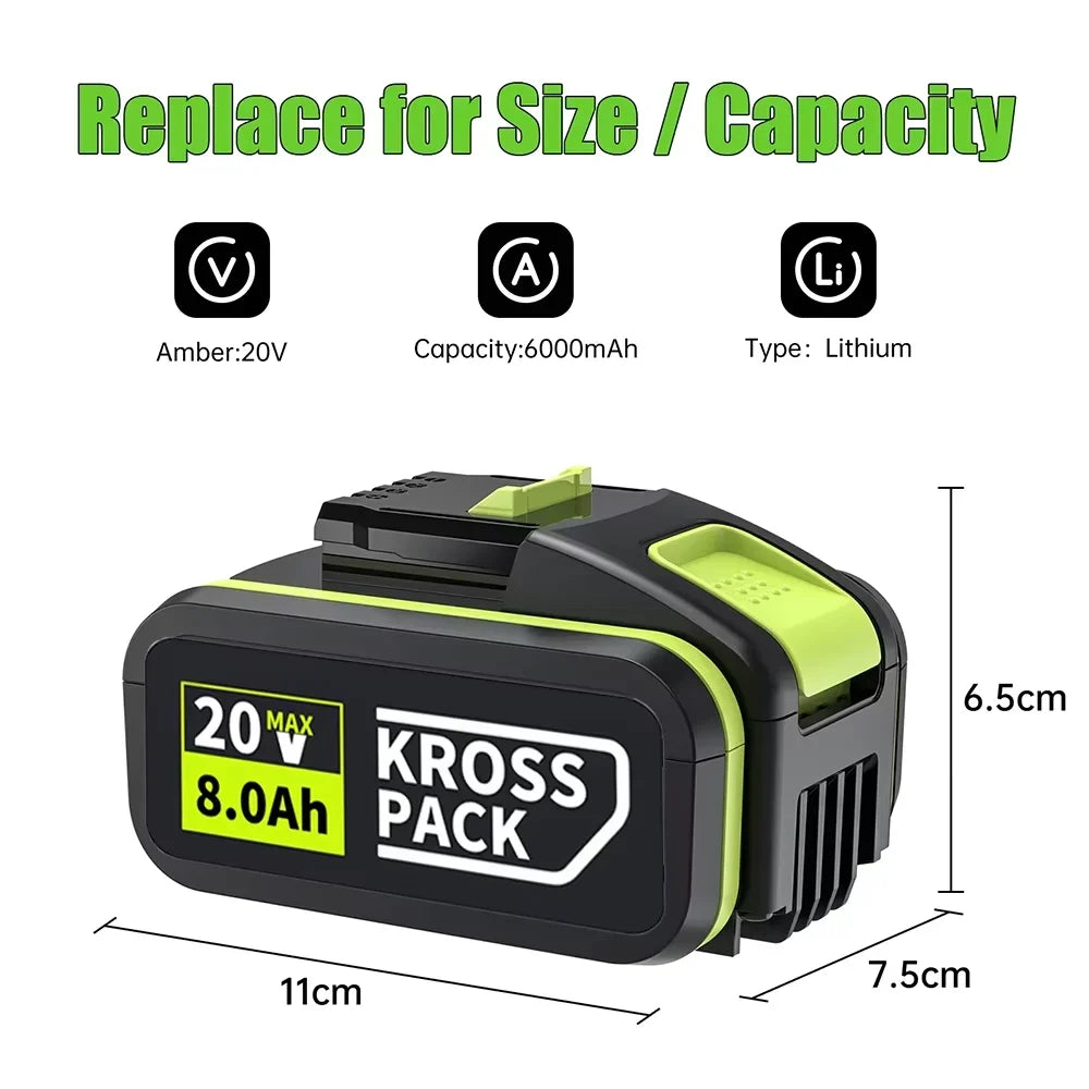 20V 6000/8000mAh High Capacity Rechargeable Replacement Battery for WORX WA3551/WA3551.1/WA3553/WA3641/WX373 Power Tool Oasis Select