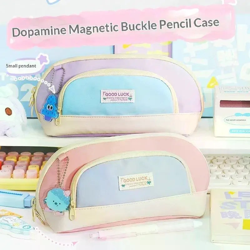 New Dopaamine Magnetic Button Pencil Case Large Capacity Opening Design Stationery Bag For Middle And Primary School Students Oasis Select