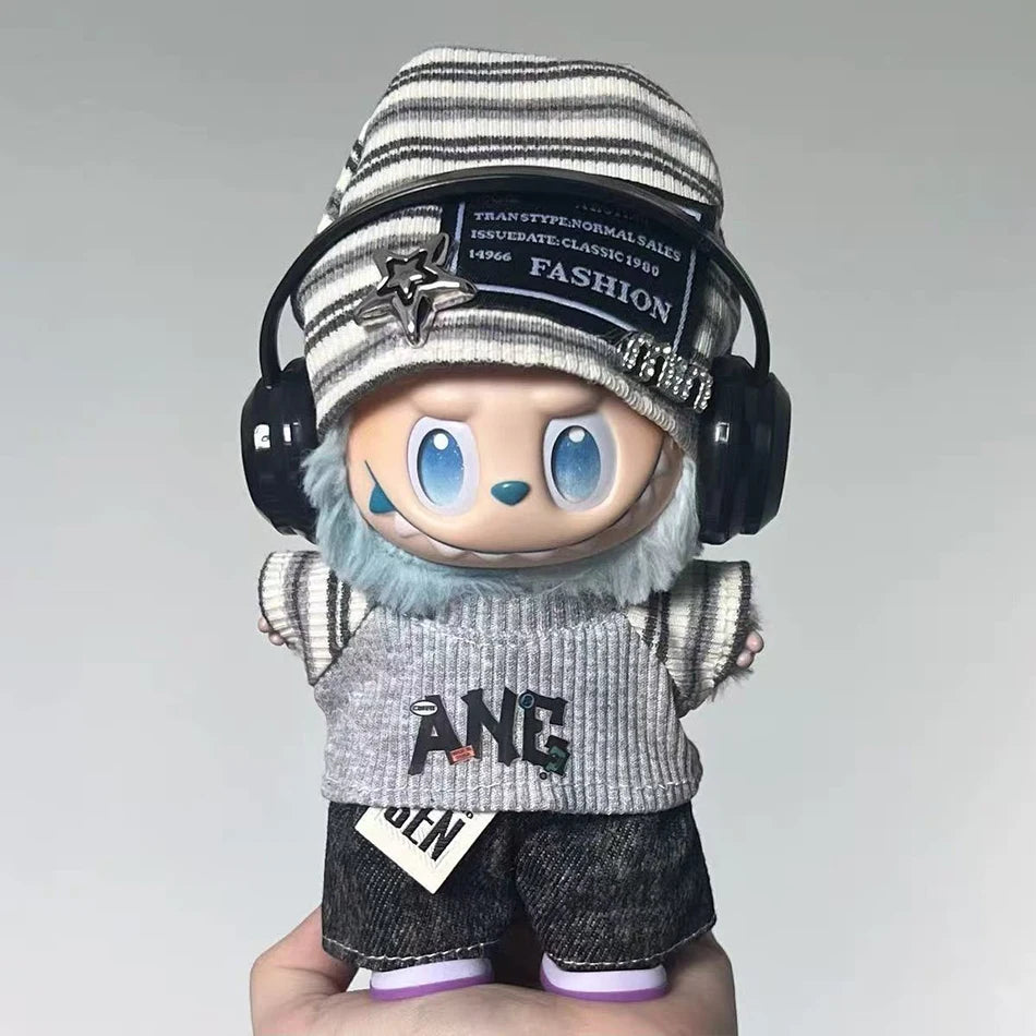 For Labubu 15-17cm Cloth Korean Grey Star Hat Suit Pull Bubu Baby Clothes 123rd Generation High-energy Hope Vinyl Doll Clothes Oasis Select