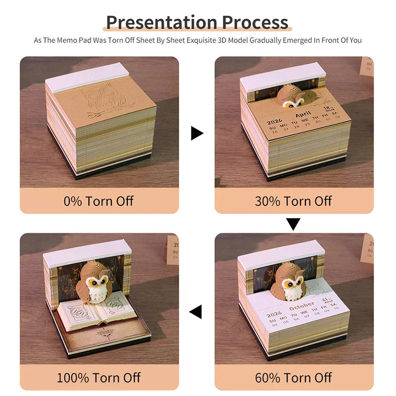 Time Piece Calendar 2026 Desk Calendar With Light 3D Magic Owl Calendar Paper Carving Art Memo Pad Notepad Gift for Christmas Oasis Select