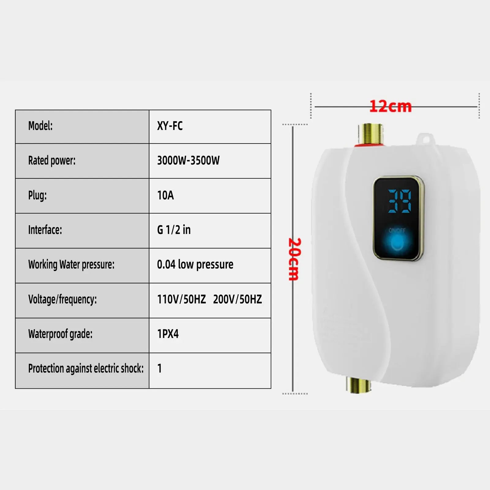 Instant Water Heater 220V 3500W Mini Electric Tankless Hot Water Heater Bathroom Kitchen Washing with LCD Display for Shower Oasis Select