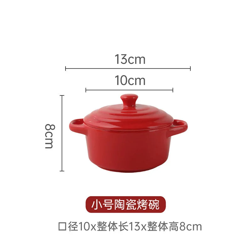 1Pc Small Ceramic Double Ear Bowl - Oven Safe for Steamed Egg Custard, Household Stew Soup, Pudding Baking & Stewing Pot Oasis Select Red-S