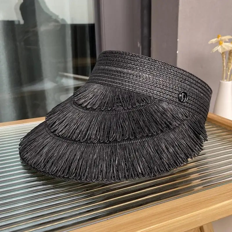 Straw Hat Women Summer Fashion Fringe Sun Protection Wide Brim Lightweight Designer Brand Adjustable For Beach Activities Oasis Select Black