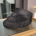 Straw Hat Women Summer Fashion Fringe Sun Protection Wide Brim Lightweight Designer Brand Adjustable For Beach Activities Oasis Select Black