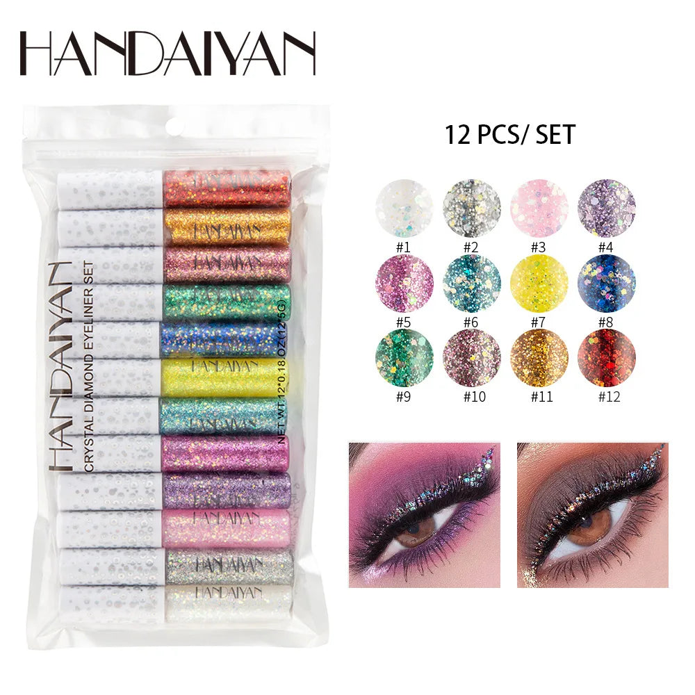 12-Piece Glitter Eyeliner Set – Waterproof Shimmer Diamond Makeup
