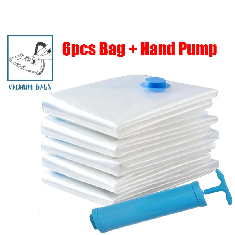 6PCS Vacuum Bag With Valve or Pump for Clothes Storing Large Plastic Compression Empty Bag Travel Accessories Storage Container Oasis Select 6Pcs Bag-Hand Pump M