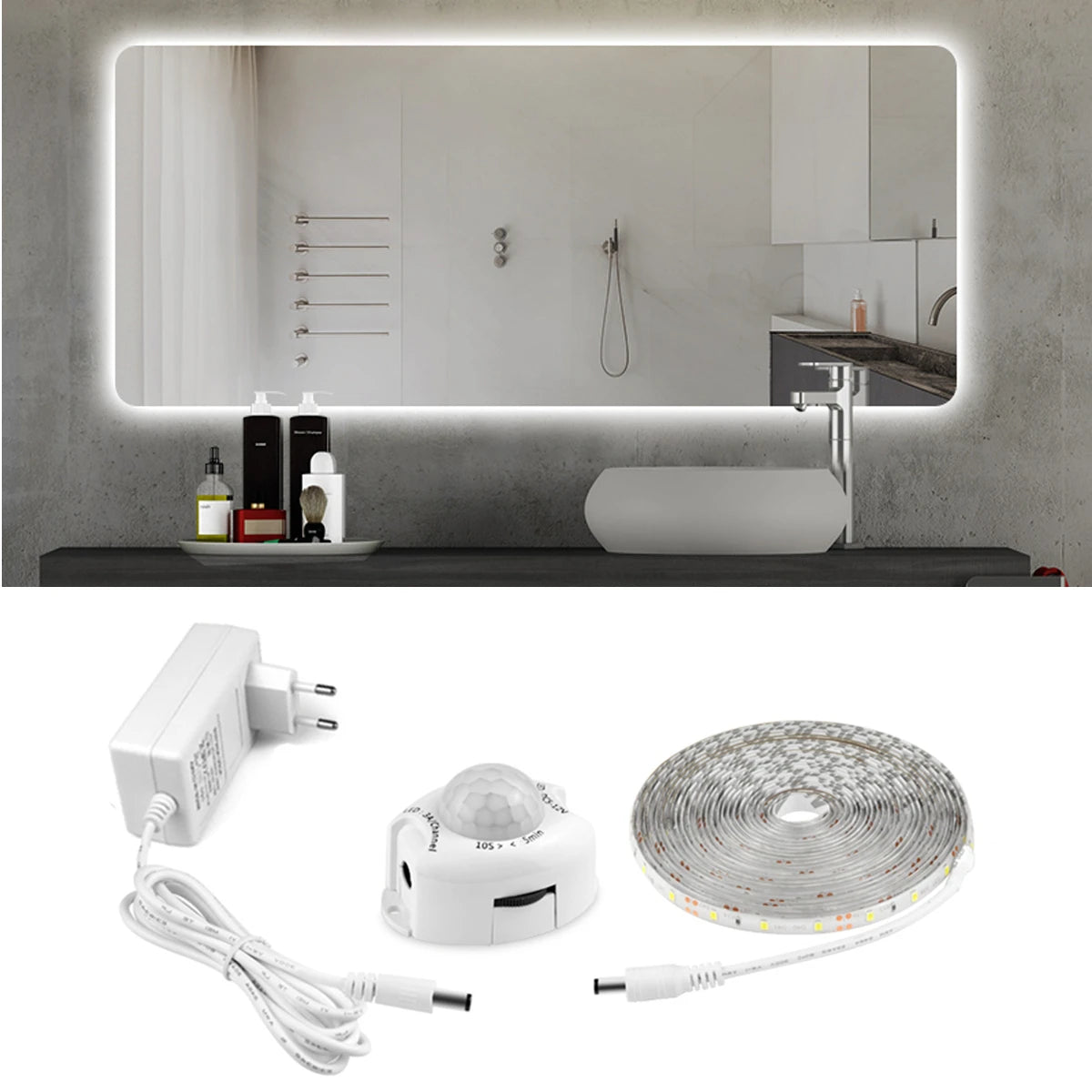 12V Bathroom Mirror Light PIR Motion Sensor LED Strip Light 2835 60led/M Waterproof Smart Night Lamp for Bedroom Bathroom Stair Oasis Select