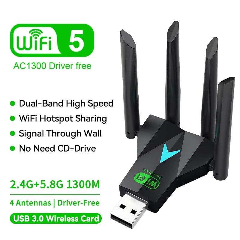 Dual Band 1300Mbps WiFi USB Adapter 2.4G/5Ghz Wi-Fi Dongle USB3.0 802.11AC 4-Antenna Wireless Receiver For PC/Laptop Driver Free Oasis Select