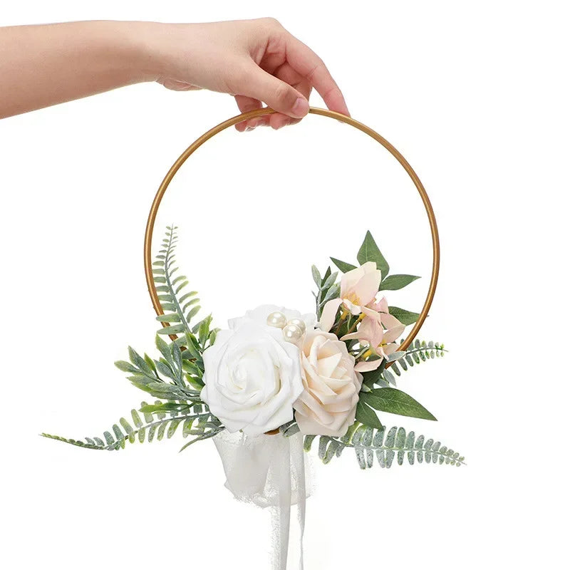 Bridesmaid Gold Hoop Bouquet for Wedding Bridal Shower Ceremony Artificial Rose Flower Hoop Wreath Front Door Wall Decoration Oasis Select A-White