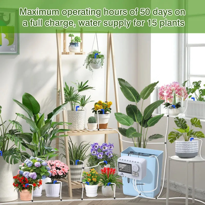 Indoor Automatic Irrigation System,2200mAh Watering Timer USB Rechargeable,Self Watering System with Drip Hose 15 Drip Tips Etc Oasis Select