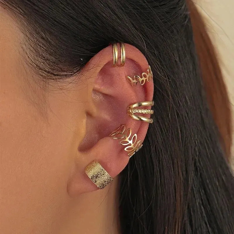 5-Piece Silver Leaf Clip Ear Cuffs | Non-Piercing Earring Set Clip-On Earrings Oasis Select
