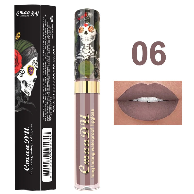 1pcs Matte Lip Gloss - Long-Lasting, Waterproof, Non-Fading, for All Skin Types - Vibrant Red Shades with Floral & Skull Designs Oasis Select 06