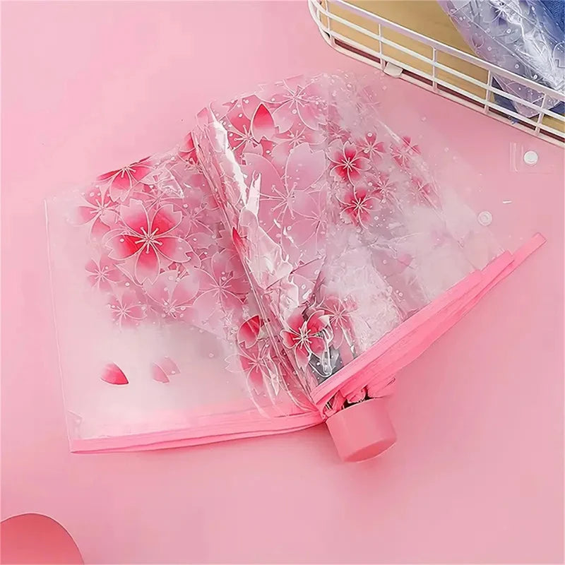 Cherry Blossom Korean Style Umbrella Cute Literature and Art Fresh Simple Student Trifold Cherry Blossom Transparent Umbrella Oasis Select