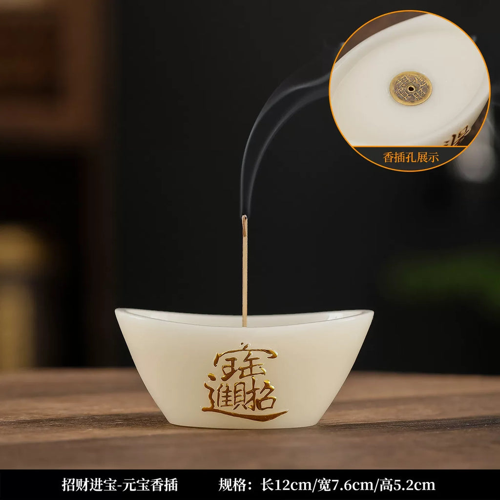 Jade Ceramic Yuanbao Incense Burner Attract Wealth, Stick & Coil Incense Holder for Tea Room Home Desktop Decoration Oasis Select C