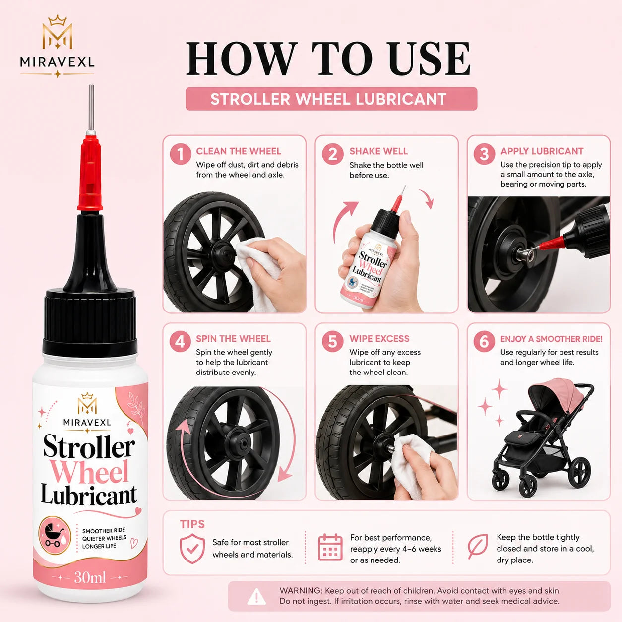 MIRAVEXL Stroller Wheel Lubricant 30ml for Smooth Quiet Ride, Baby & Pet Strollers, ReducesFriction, Extends Wheel Life Oasis Select
