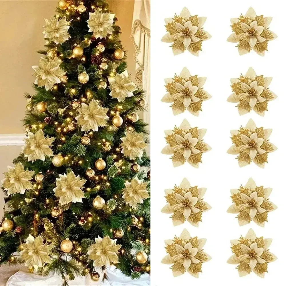10-Pack Glitter Christmas Flower Ornaments 14cm | Pink Gold Red