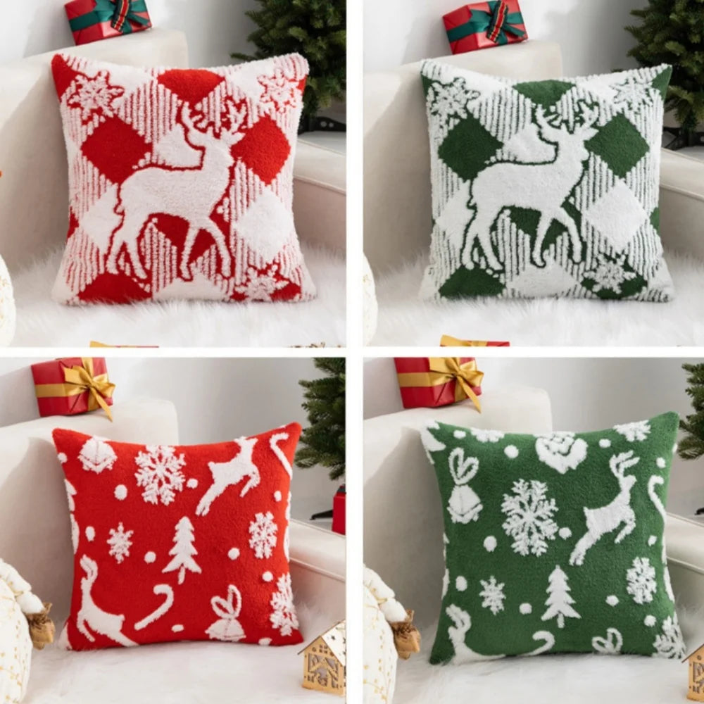Christmas Throw Pillow Cover Christmas Tree Snowflake Elk Jacquard Plush Pillow Case Holiday Decor New Year's Home Cushion Case Oasis Select
