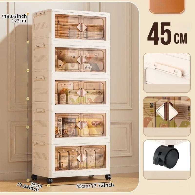 45cm Foldable Width Plastic Storage Box with Wheels Multi-Layer Clothing Cabinet Organizer for Books Kitchen Oasis Select 45cm-Cream-5 Layers