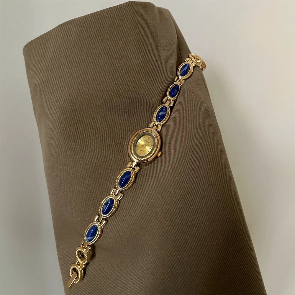 New Colored Gemstones Ladies Watch Oval Luxury Quartz Watch Gift Elegant Wristwatch Oasis Select Blue