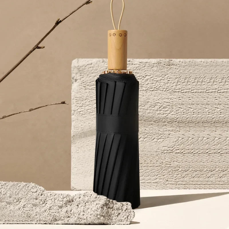 16 Bone Three Fold Wood Handle Vinyl Wind Resistant Business Advertising Gift Umbrella Sun Umbrella Oasis Select
