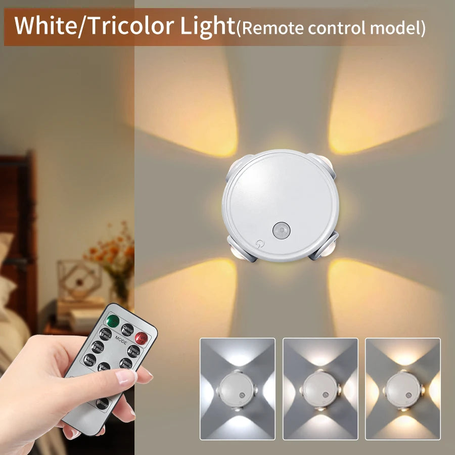 Rechargeable 4 Leds Night Light with Motion Sensor Tricolor RGB Dimmable Wall Lamp Magnetic Mood Ambient Light for Hallway Stair Oasis Select 3 Color With Remote White