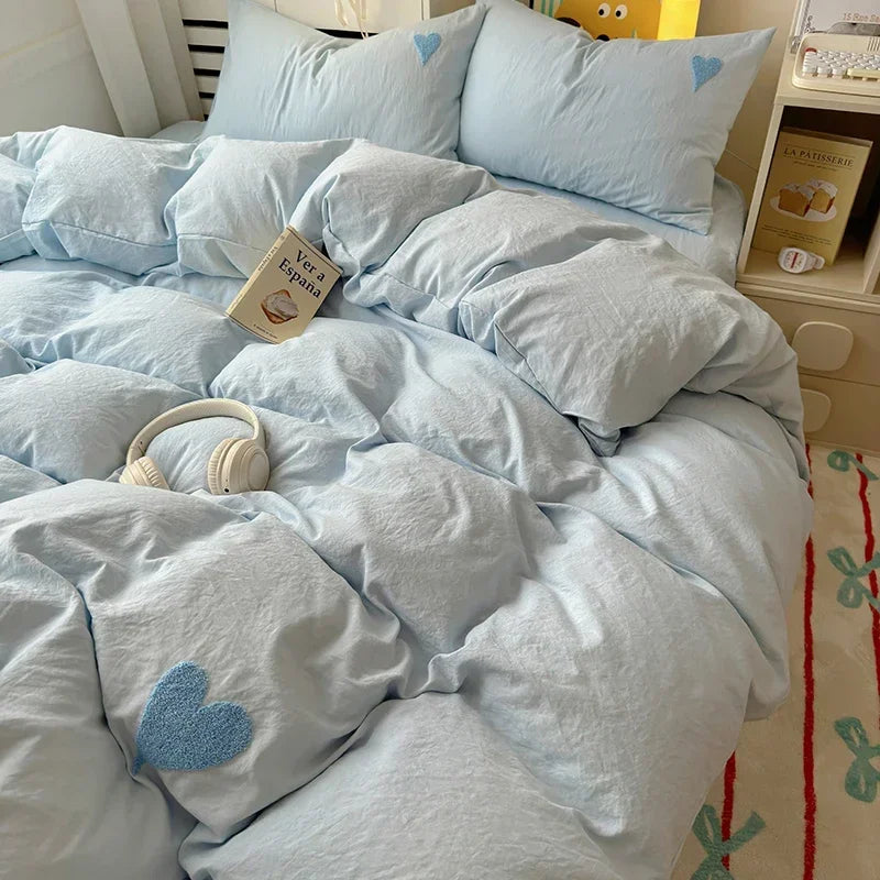 Washed Cotton Bedding Set Super Soft Cool Black Duvet Cover Set Heart-shaped Towel Bedding Skin Friendly Duvet Covers Bed Sheets Oasis Select Blue 150x200 4pcs