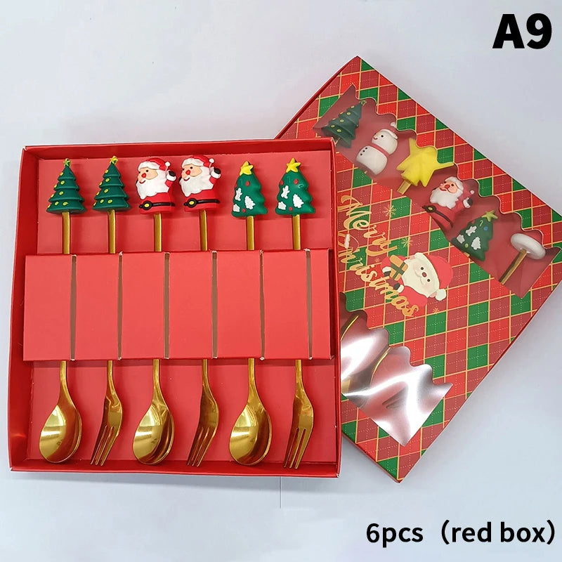 Stainless Steel Christmas Dessert Spoons Cake Forks with Cartoon Christmas Tree Elk Design - Set of 1/2/4/6 - Gift Box Included Oasis Select A9