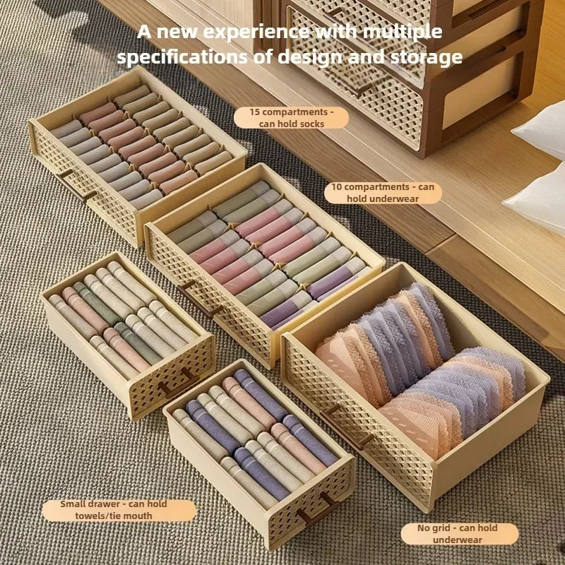 Home bedroom underwear storage box, home drawer style grid sorting wardrobe, antique style plastic rattan dust-proof storage box Oasis Select