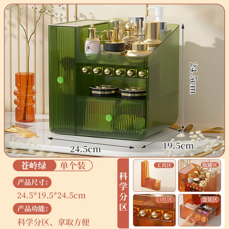 Large Cosmetic Storage Box Light Luxury Desktop Capacity Dustproof Storage Rack Household Vanity Lipstick Cosmetics Storage Box Oasis Select Small green