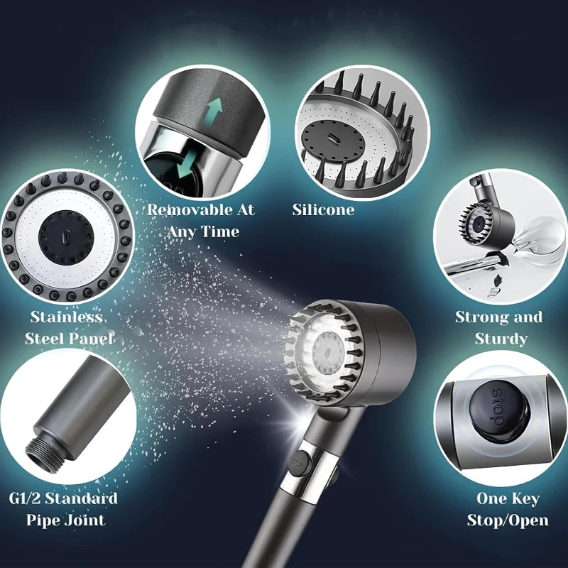 2026 New Turbocharged Filter Shower Head 3 Modes High Pressurized Handheld Shower with Massage Brush One Click on/Off Switch Oasis Select